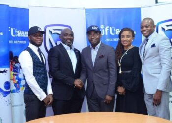 L-R: Chief Strategy Officer, PACE Sports and Entertainment Marketing, Olamide Adeyemo; Head, Global Markets, Stanbic IBTC Bank, Samuel Ocheho; Director, PACE Sports and Entertainment Marketing, Sola Fijabi; Head, Marketing and Communications, Stanbic IBTC, Bridget Oyefeso-Odusami; and Manager, Corporate Communications, Stanbic IBTC, Usman Imanah, at the MoU signing ceremony for Stanbic IBTC’s sponsorship of Higher Institutions Football League (HiFL), held in Lagos, on Wednesday (24/4/2019)