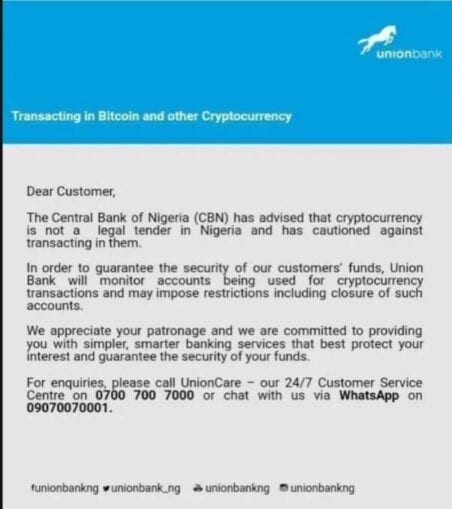 Nigerias Union Bank Threatens to Shut Down Cryptocurrency Related Accounts